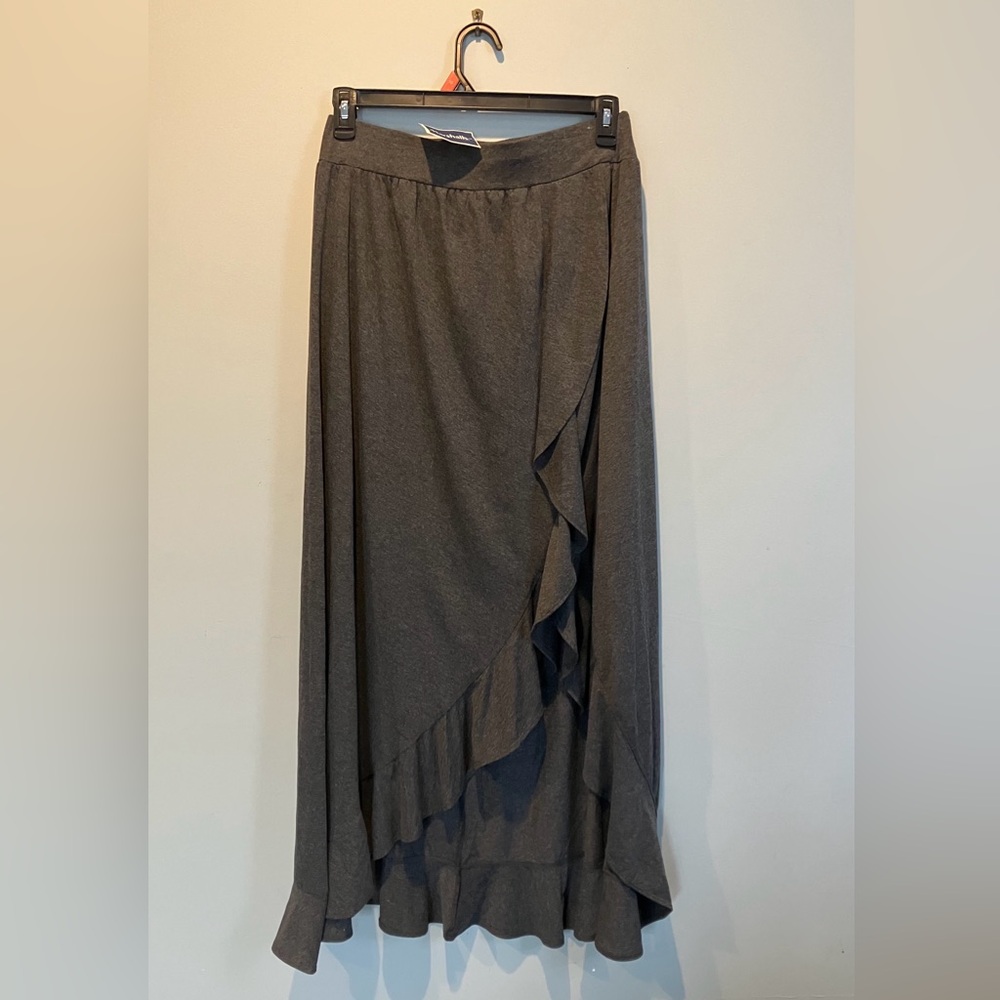 Gray Asymmetrical Maxi Skirt has a pretty vertical ruffle;  super soft fabric